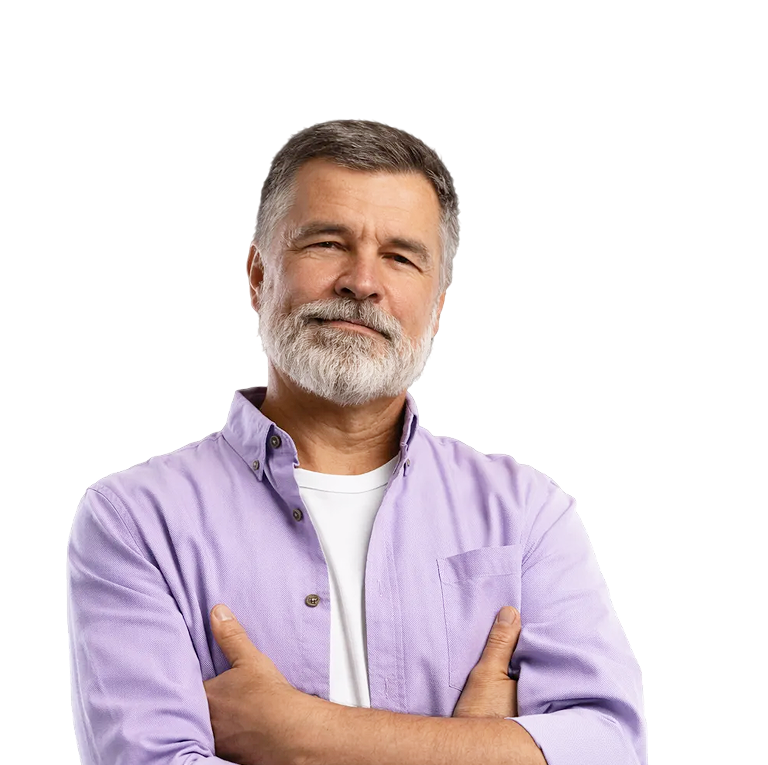 Man in purple a shirt with his arms crossed